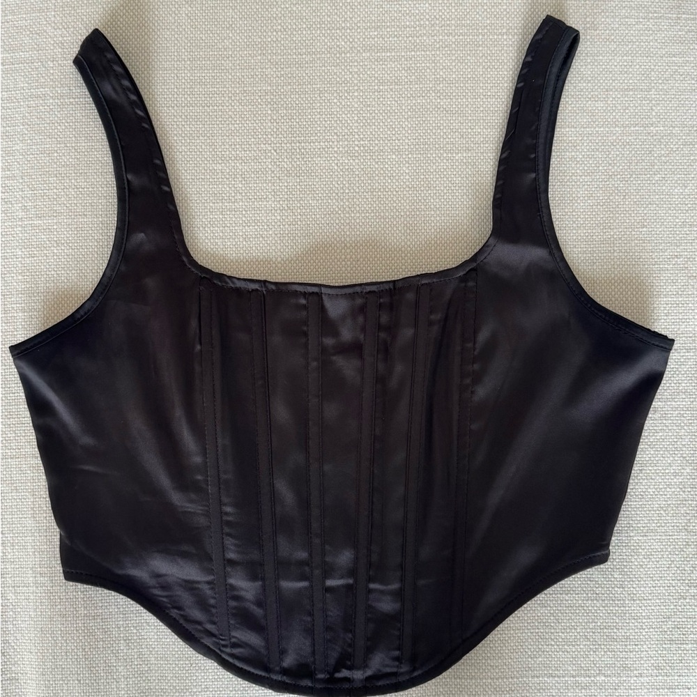 Misguided Black Satin Corset Crop Top with Zip Back (Sz 4) - Picture 2 of 5